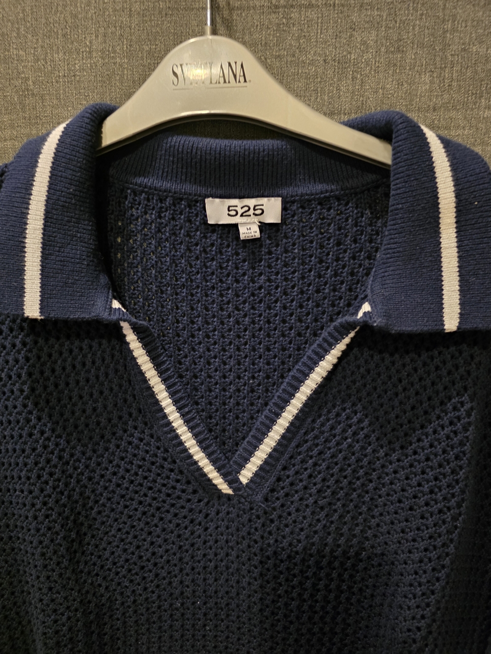 525 America Navy Blue/white Open-Knit Polo Sweater Size M PTP 28 1/2in L 23 In - Picture 4 of 6